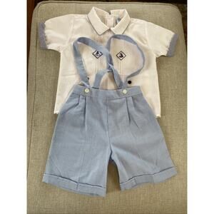 Good Lad Vintage Blue Bib Overall Shorts 4T USA Nautical Shortalls Set Shirt